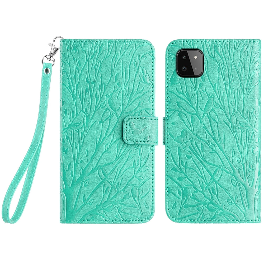 Samsung Galaxy A22 5G Embossed Leather Phone Case with Tree Birds Pattern, Hand Strap, Card Holder & Adjustable Stand - Shockproof Wallet Cover