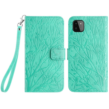 Samsung Galaxy A22 5G Embossed Leather Phone Case with Tree Birds Pattern, Hand Strap, Card Holder & Adjustable Stand - Shockproof Wallet Cover