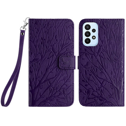 Samsung Galaxy A23 Embossed Leather Phone Case with Tree Birds Pattern, Hand Strap, Card Holder & Adjustable Stand - Shockproof Wallet Cover
