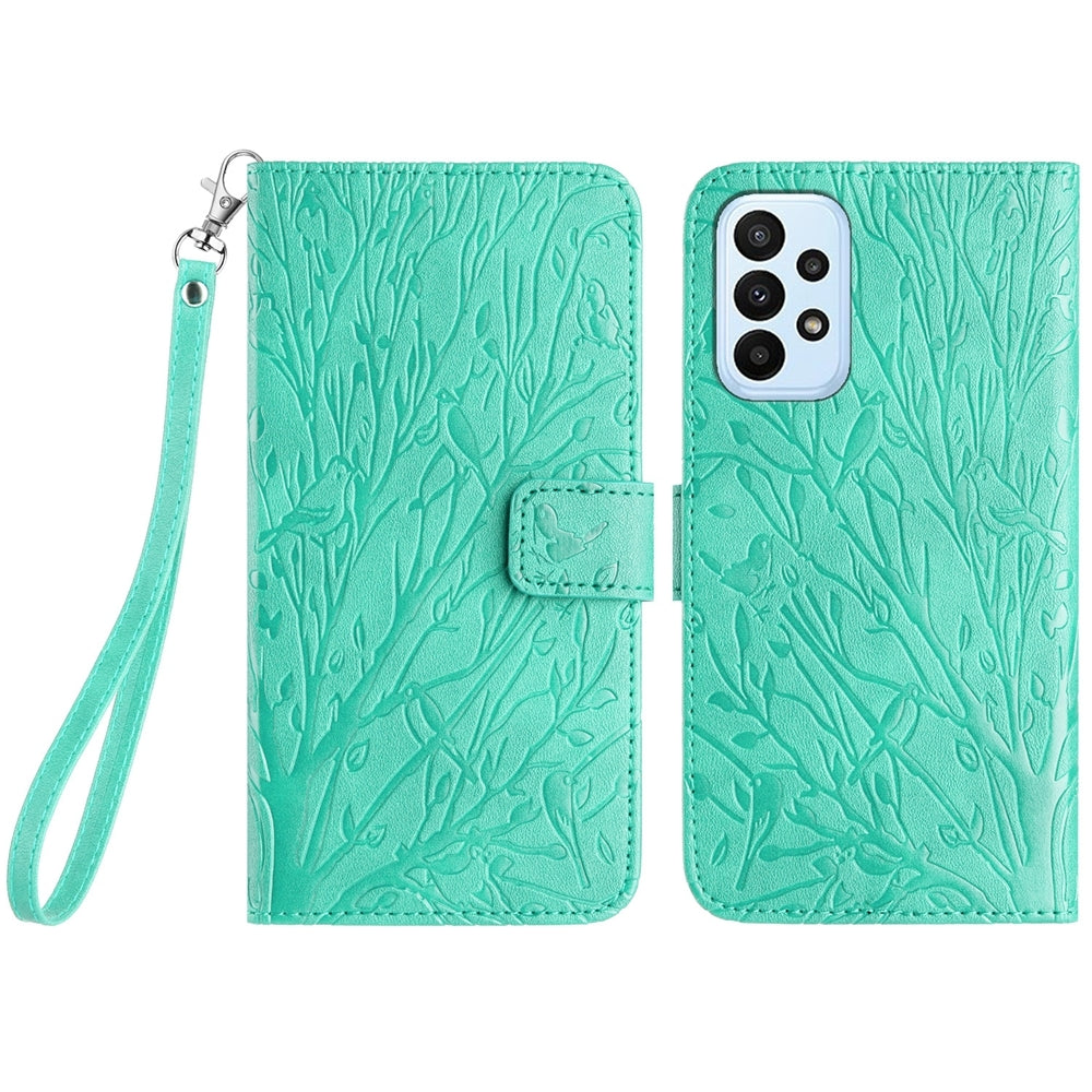 Samsung Galaxy A23 Embossed Leather Phone Case with Tree Birds Pattern, Hand Strap, Card Holder & Adjustable Stand - Shockproof Wallet Cover