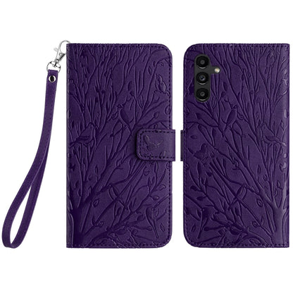 Samsung Galaxy A24 4G/A25 Embossed Leather Phone Case with Tree Birds Pattern, Hand Strap, Card Holder & Adjustable Stand - Shockproof Wallet Cover