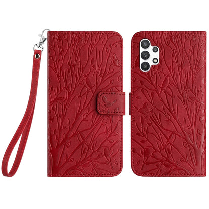 Samsung Galaxy A32 4G Embossed Leather Phone Case with Tree Birds Pattern, Hand Strap, Card Holder & Adjustable Stand - Shockproof Wallet Cover