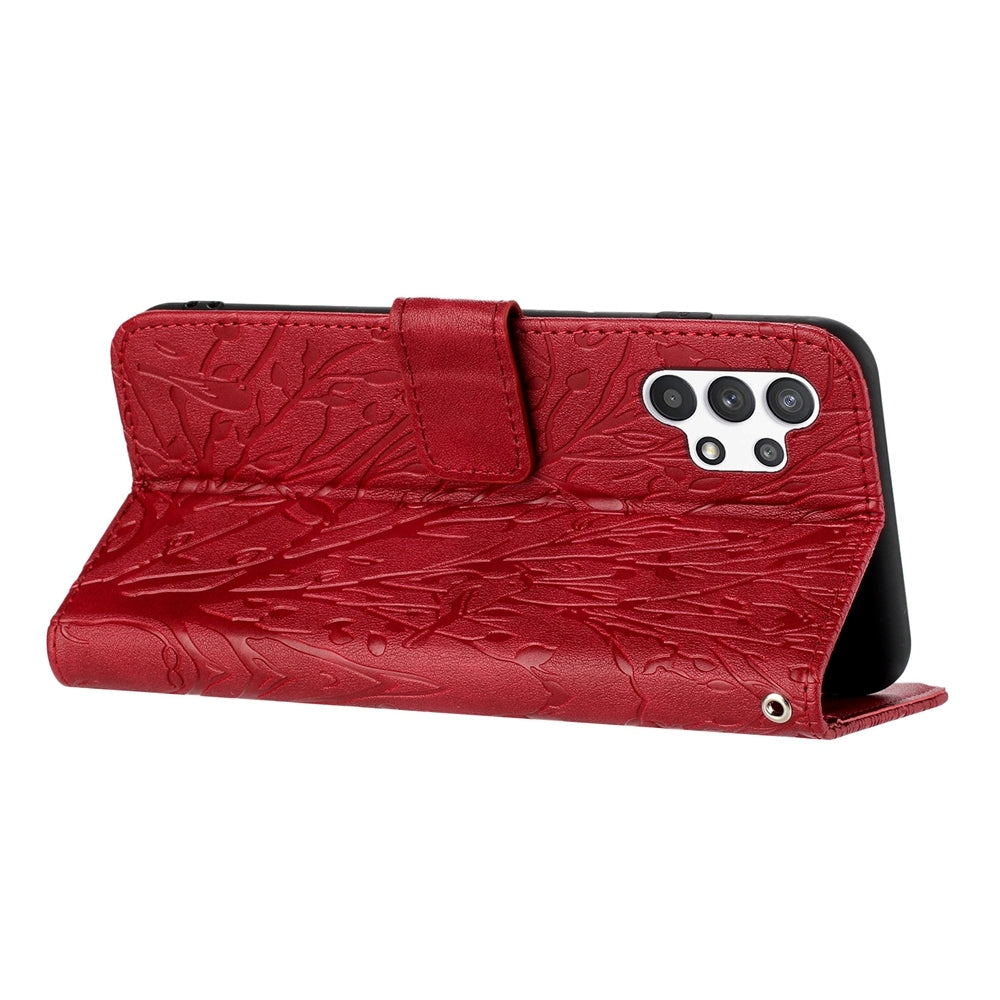 Samsung Galaxy A32 4G Embossed Leather Phone Case with Tree Birds Pattern, Hand Strap, Card Holder & Adjustable Stand - Shockproof Wallet Cover