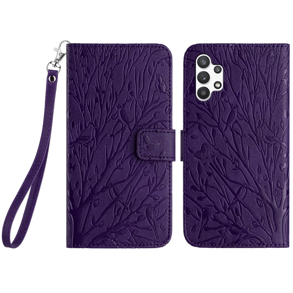 Samsung Galaxy A32 4G Embossed Leather Phone Case with Tree Birds Pattern, Hand Strap, Card Holder & Adjustable Stand - Shockproof Wallet Cover
