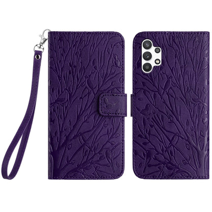 Samsung Galaxy A32 4G Embossed Leather Phone Case with Tree Birds Pattern, Hand Strap, Card Holder & Adjustable Stand - Shockproof Wallet Cover