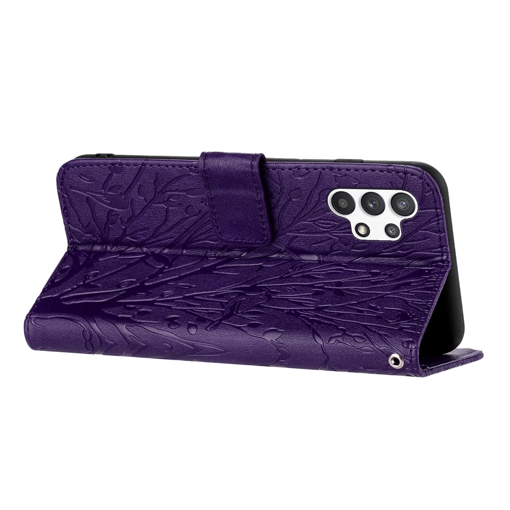 Samsung Galaxy A32 4G Embossed Leather Phone Case with Tree Birds Pattern, Hand Strap, Card Holder & Adjustable Stand - Shockproof Wallet Cover