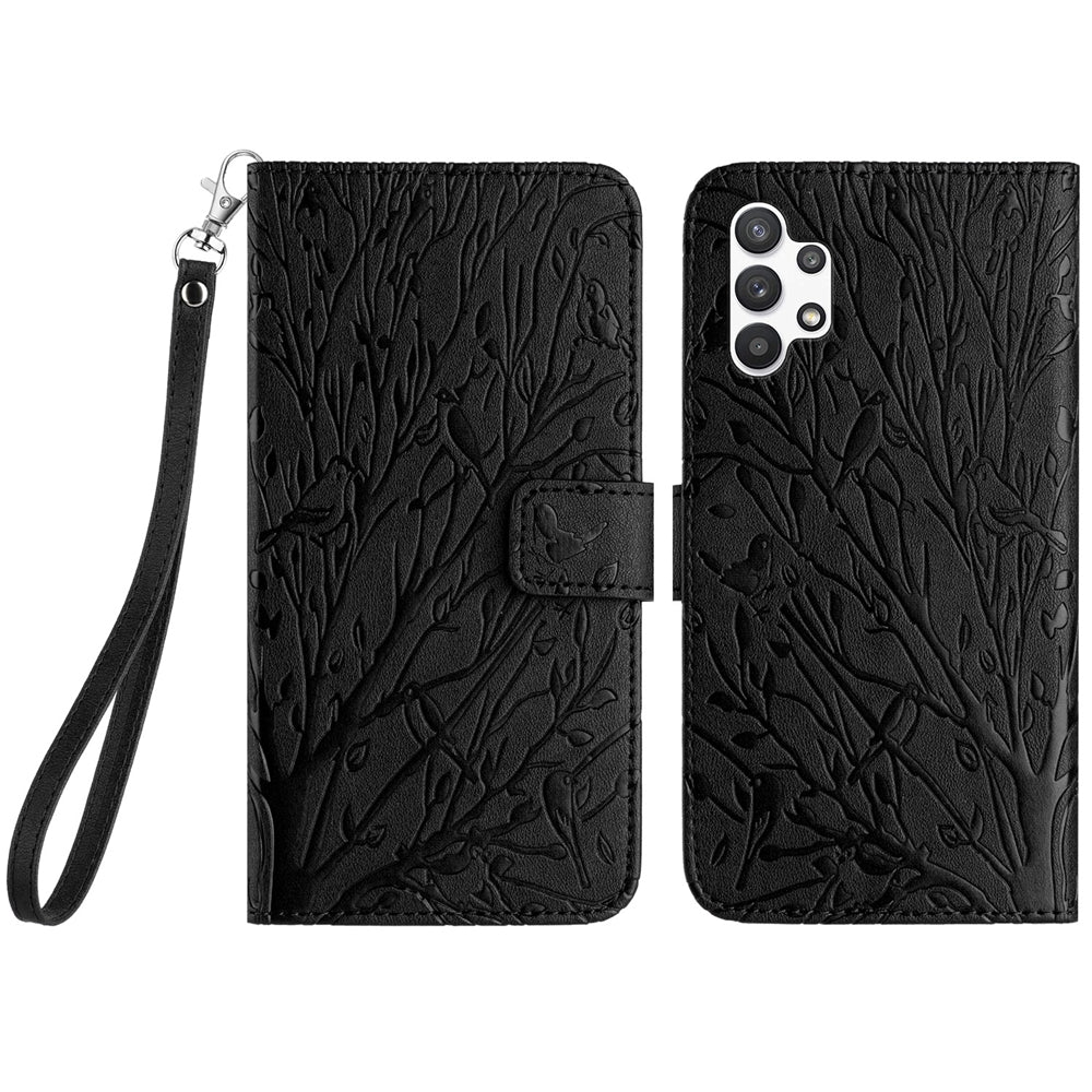 Samsung Galaxy A32 4G Embossed Leather Phone Case with Tree Birds Pattern, Hand Strap, Card Holder & Adjustable Stand - Shockproof Wallet Cover