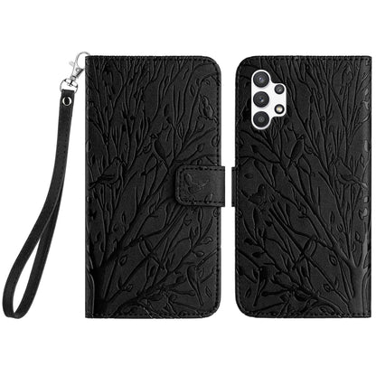 Samsung Galaxy A32 4G Embossed Leather Phone Case with Tree Birds Pattern, Hand Strap, Card Holder & Adjustable Stand - Shockproof Wallet Cover