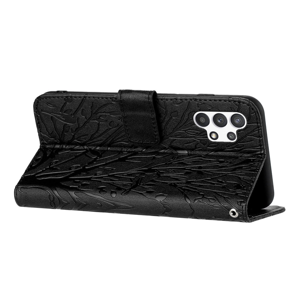 Samsung Galaxy A32 4G Embossed Leather Phone Case with Tree Birds Pattern, Hand Strap, Card Holder & Adjustable Stand - Shockproof Wallet Cover