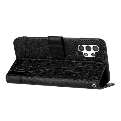 Samsung Galaxy A32 4G Embossed Leather Phone Case with Tree Birds Pattern, Hand Strap, Card Holder & Adjustable Stand - Shockproof Wallet Cover