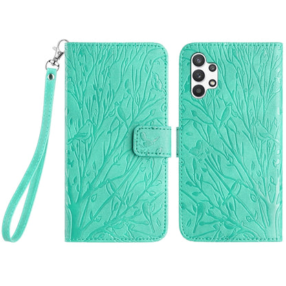 Samsung Galaxy A32 4G Embossed Leather Phone Case with Tree Birds Pattern, Hand Strap, Card Holder & Adjustable Stand - Shockproof Wallet Cover