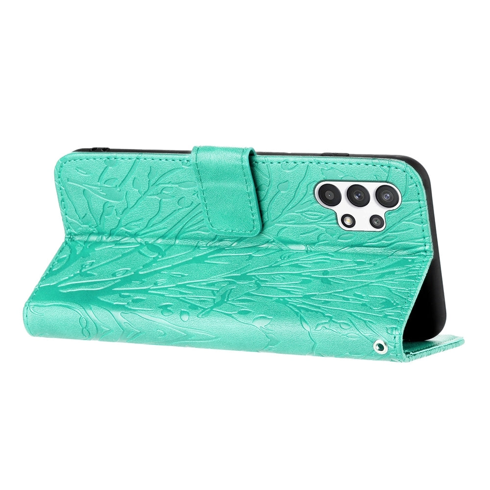 Samsung Galaxy A32 4G Embossed Leather Phone Case with Tree Birds Pattern, Hand Strap, Card Holder & Adjustable Stand - Shockproof Wallet Cover