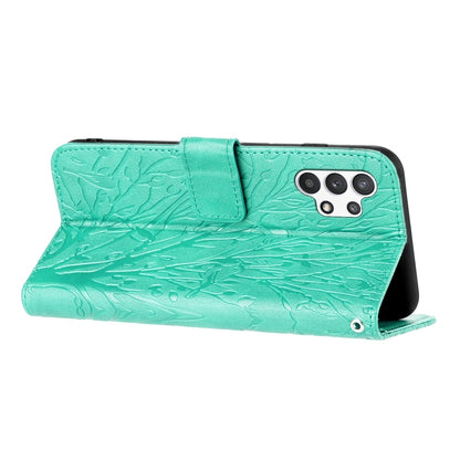 Samsung Galaxy A32 4G Embossed Leather Phone Case with Tree Birds Pattern, Hand Strap, Card Holder & Adjustable Stand - Shockproof Wallet Cover