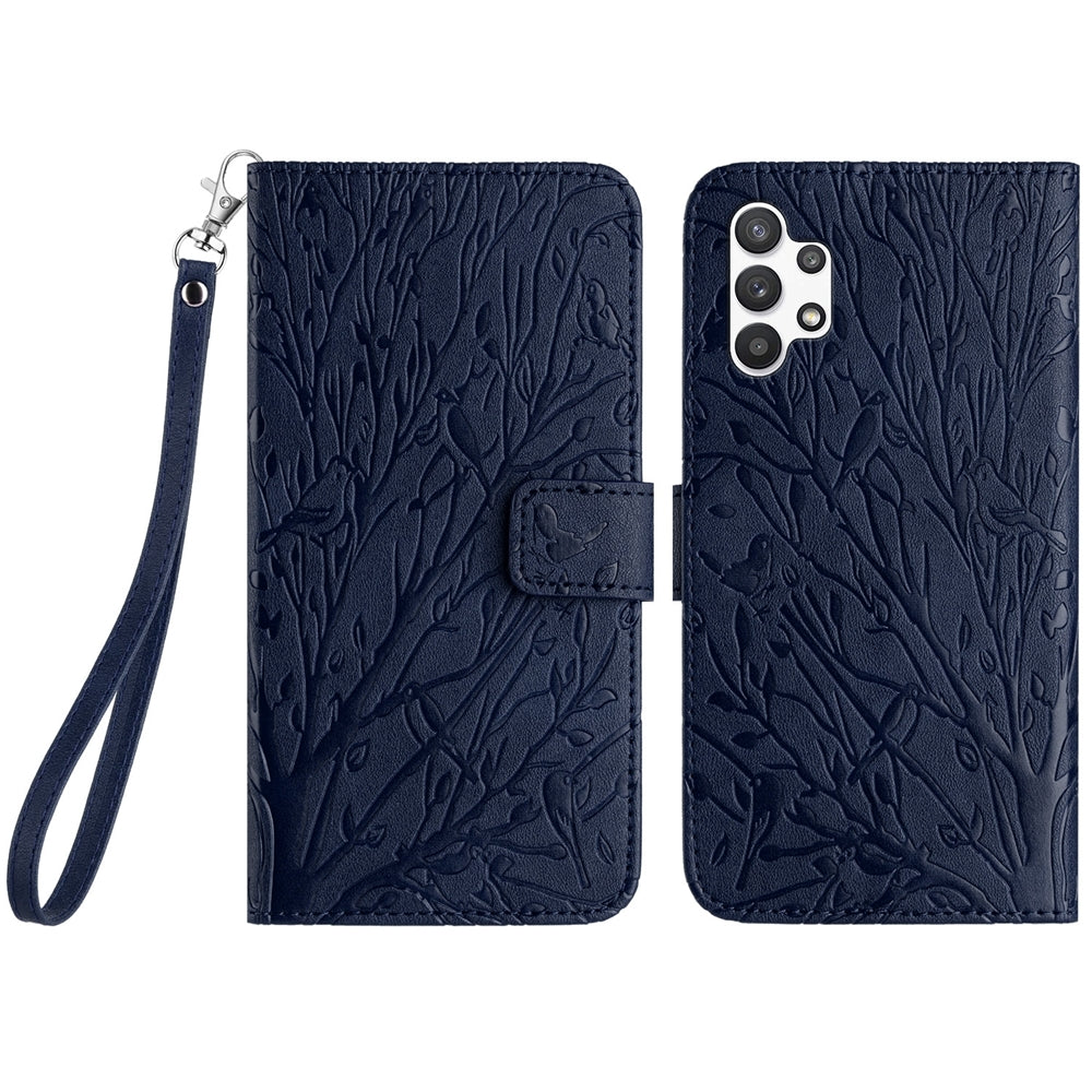 Samsung Galaxy A32 4G Embossed Leather Phone Case with Tree Birds Pattern, Hand Strap, Card Holder & Adjustable Stand - Shockproof Wallet Cover