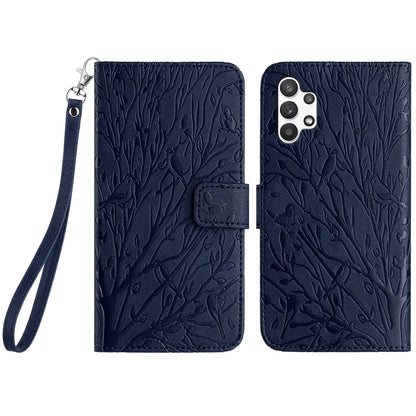 Samsung Galaxy A32 4G Embossed Leather Phone Case with Tree Birds Pattern, Hand Strap, Card Holder & Adjustable Stand - Shockproof Wallet Cover