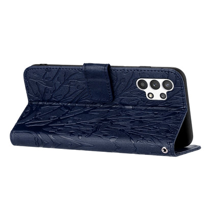 Samsung Galaxy A32 4G Embossed Leather Phone Case with Tree Birds Pattern, Hand Strap, Card Holder & Adjustable Stand - Shockproof Wallet Cover