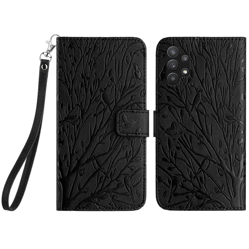 Samsung Galaxy A32 5G Embossed Leather Phone Case with Tree Birds Pattern, Hand Strap, Card Holder & Adjustable Stand - Shockproof Wallet Cover