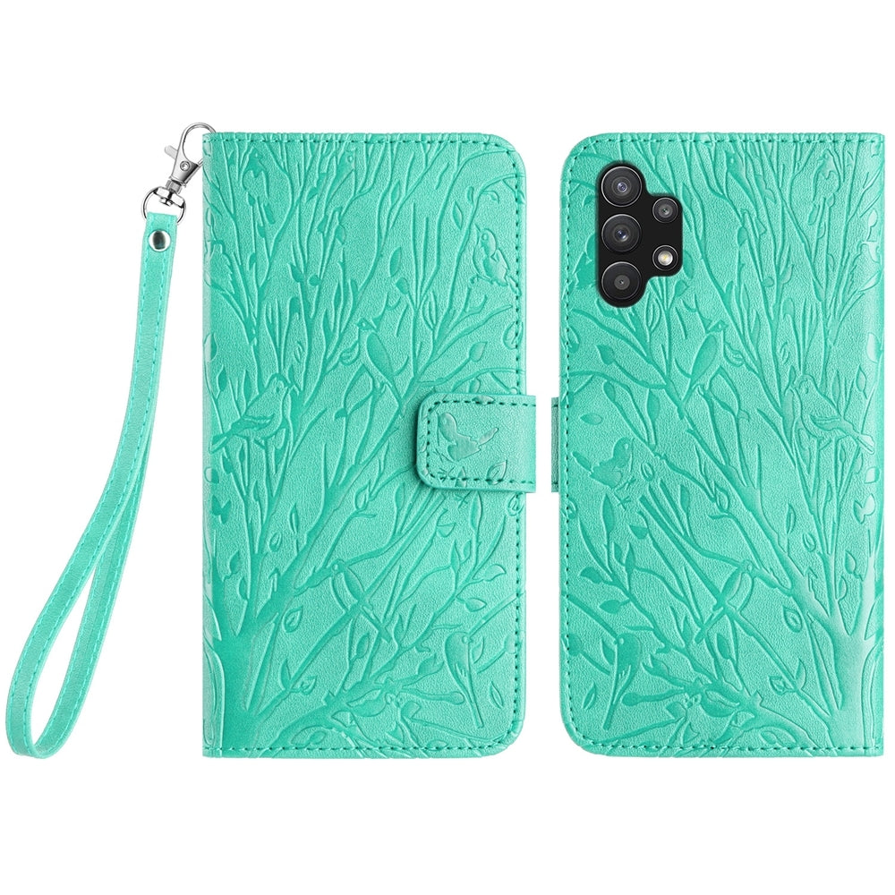 Samsung Galaxy A32 5G Embossed Leather Phone Case with Tree Birds Pattern, Hand Strap, Card Holder & Adjustable Stand - Shockproof Wallet Cover