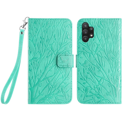 Samsung Galaxy A32 5G Embossed Leather Phone Case with Tree Birds Pattern, Hand Strap, Card Holder & Adjustable Stand - Shockproof Wallet Cover