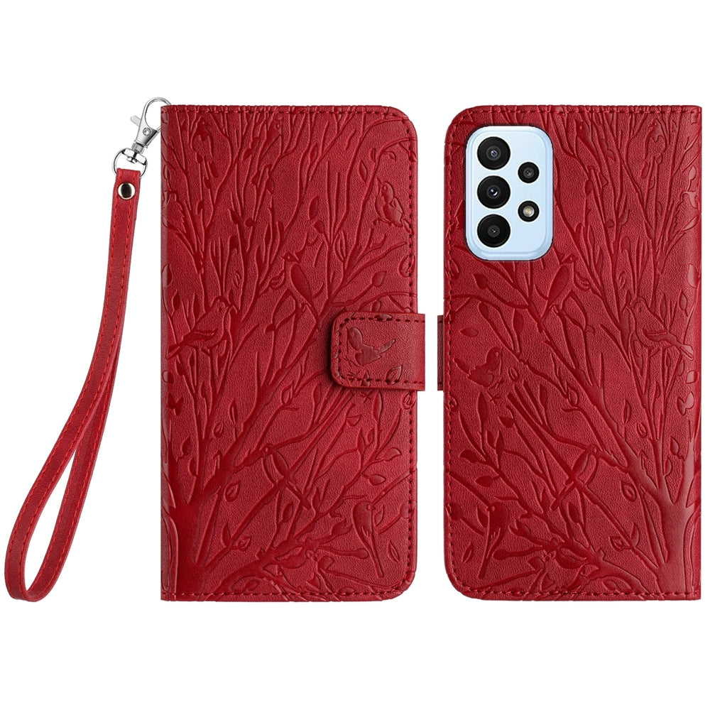 Samsung Galaxy A33 4G/5G Embossed Leather Phone Case with Tree Birds Pattern, Hand Strap, Card Holder & Adjustable Stand - Shockproof Wallet Cover