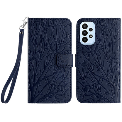 Samsung Galaxy A33 4G/5G Embossed Leather Phone Case with Tree Birds Pattern, Hand Strap, Card Holder & Adjustable Stand - Shockproof Wallet Cover