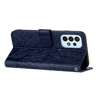 Samsung Galaxy A33 4G/5G Embossed Leather Phone Case with Tree Birds Pattern, Hand Strap, Card Holder & Adjustable Stand - Shockproof Wallet Cover