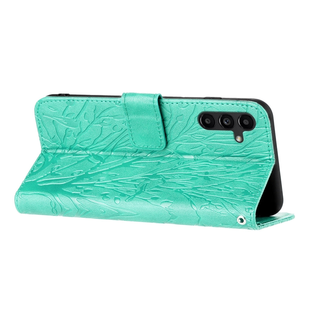 Samsung Galaxy A34 Embossed Leather Phone Case with Tree Birds Pattern, Hand Strap, Card Holder & Adjustable Stand - Shockproof Wallet Cover