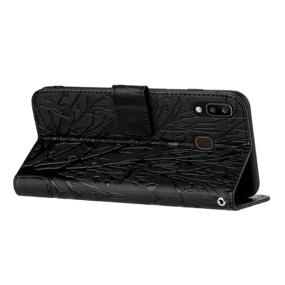 Samsung Galaxy A40 Embossed Leather Phone Case with Tree Birds Pattern, Hand Strap, Card Holder & Adjustable Stand - Shockproof Wallet Cover