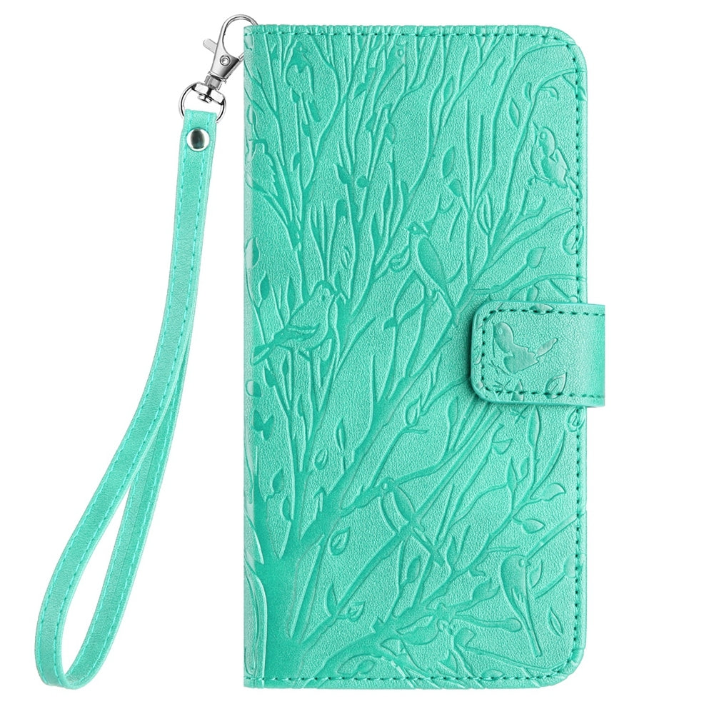 Samsung Galaxy A40 Embossed Leather Phone Case with Tree Birds Pattern, Hand Strap, Card Holder & Adjustable Stand - Shockproof Wallet Cover