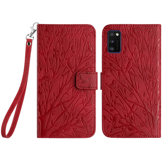 Samsung Galaxy A41 Embossed Leather Phone Case with Tree Birds Pattern, Hand Strap, Card Holder & Adjustable Stand - Shockproof Wallet Cover