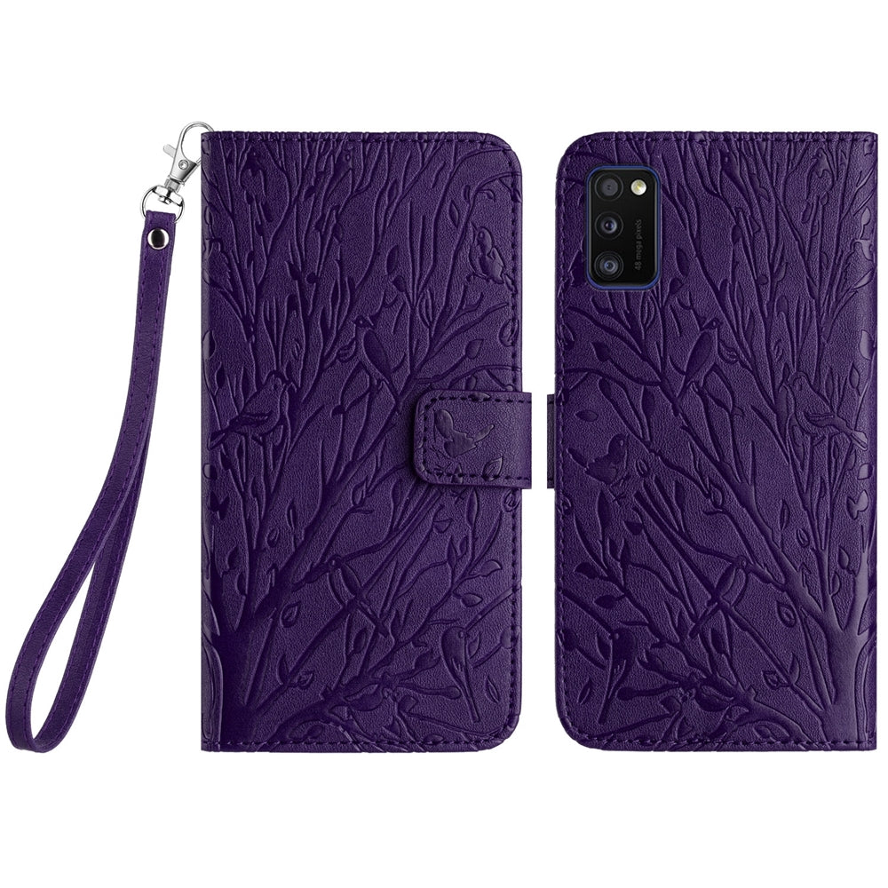 Samsung Galaxy A41 Embossed Leather Phone Case with Tree Birds Pattern, Hand Strap, Card Holder & Adjustable Stand - Shockproof Wallet Cover
