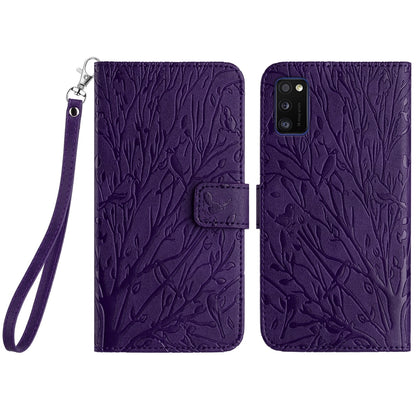Samsung Galaxy A41 Embossed Leather Phone Case with Tree Birds Pattern, Hand Strap, Card Holder & Adjustable Stand - Shockproof Wallet Cover