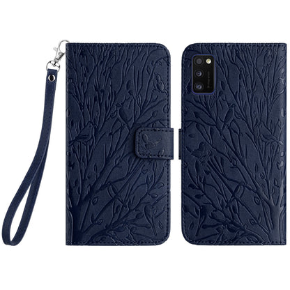 Samsung Galaxy A41 Embossed Leather Phone Case with Tree Birds Pattern, Hand Strap, Card Holder & Adjustable Stand - Shockproof Wallet Cover