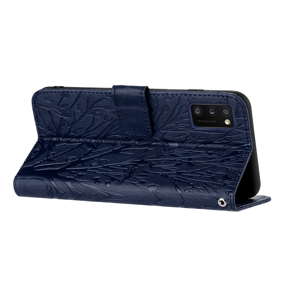 Samsung Galaxy A41 Embossed Leather Phone Case with Tree Birds Pattern, Hand Strap, Card Holder & Adjustable Stand - Shockproof Wallet Cover