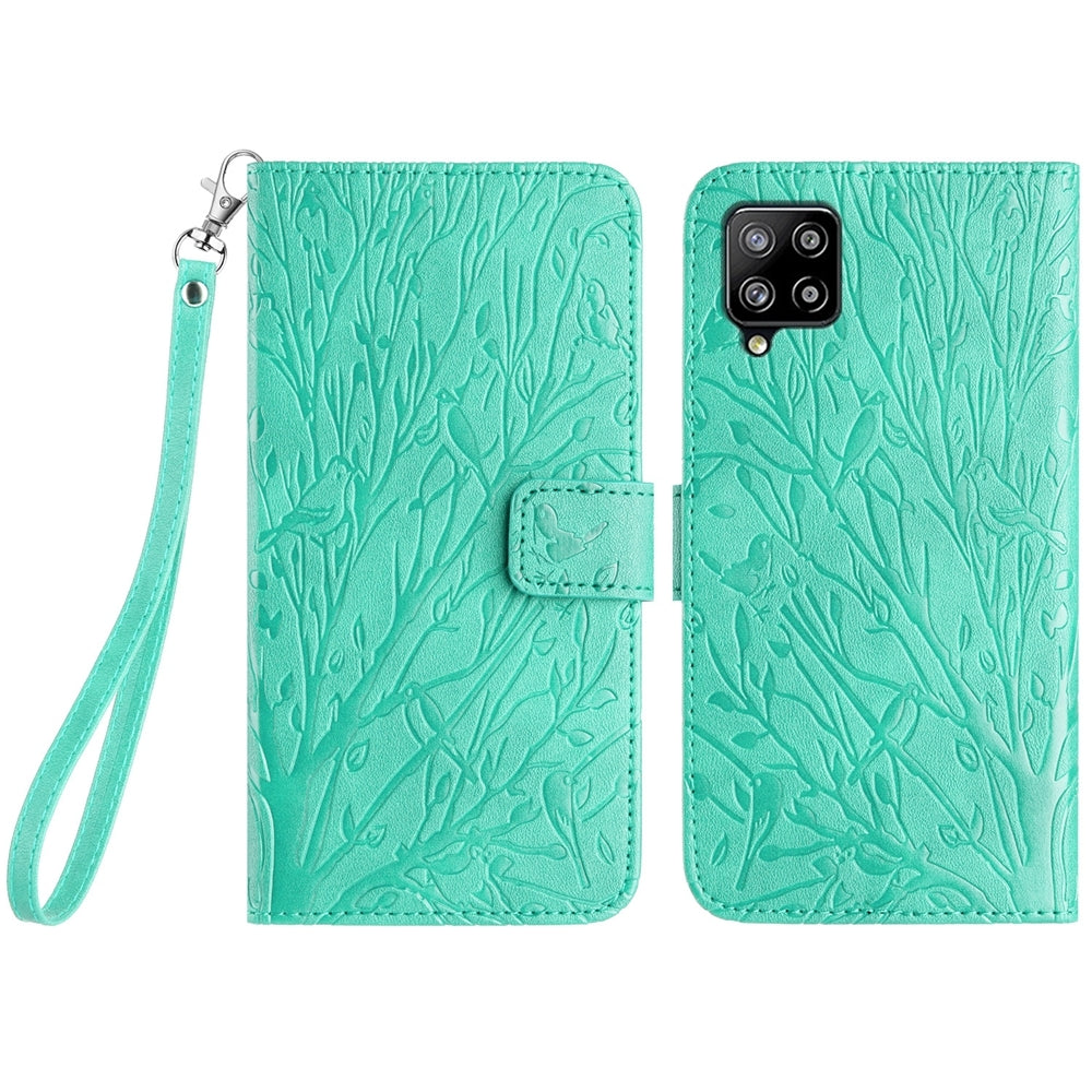 Samsung Galaxy A42 5G Embossed Leather Phone Case with Tree Birds Pattern, Hand Strap, Card Holder & Adjustable Stand - Shockproof Wallet Cover