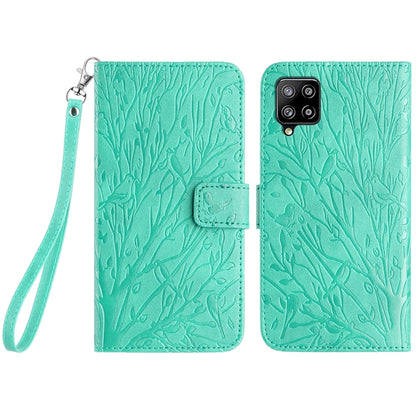 Samsung Galaxy A42 5G Embossed Leather Phone Case with Tree Birds Pattern, Hand Strap, Card Holder & Adjustable Stand - Shockproof Wallet Cover