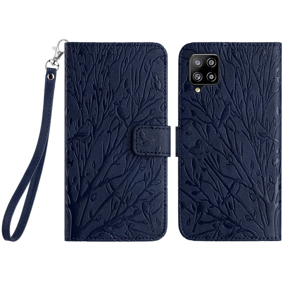Samsung Galaxy A42 5G Embossed Leather Phone Case with Tree Birds Pattern, Hand Strap, Card Holder & Adjustable Stand - Shockproof Wallet Cover