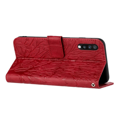 Samsung Galaxy A50 Embossed Leather Phone Case with Tree Birds Pattern, Hand Strap, Card Holder & Adjustable Stand - Shockproof Wallet Cover