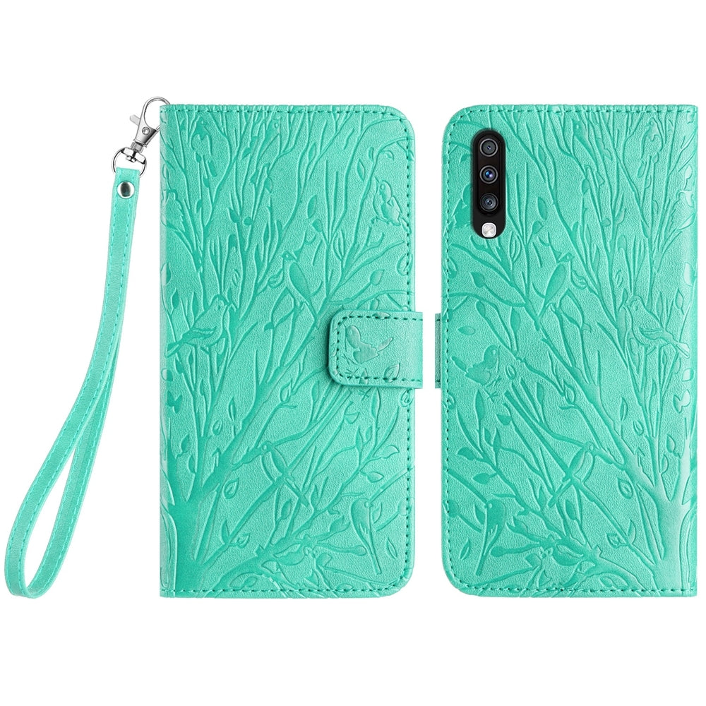 Samsung Galaxy A50 Embossed Leather Phone Case with Tree Birds Pattern, Hand Strap, Card Holder & Adjustable Stand - Shockproof Wallet Cover