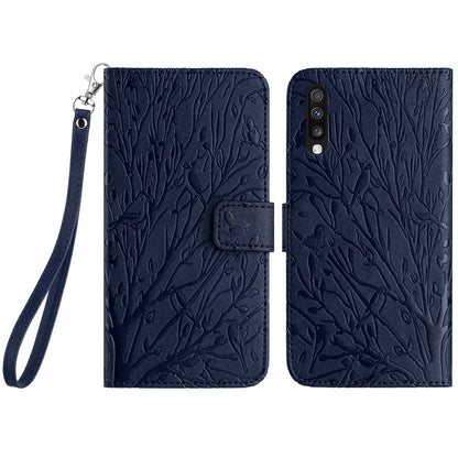 Samsung Galaxy A50 Embossed Leather Phone Case with Tree Birds Pattern, Hand Strap, Card Holder & Adjustable Stand - Shockproof Wallet Cover