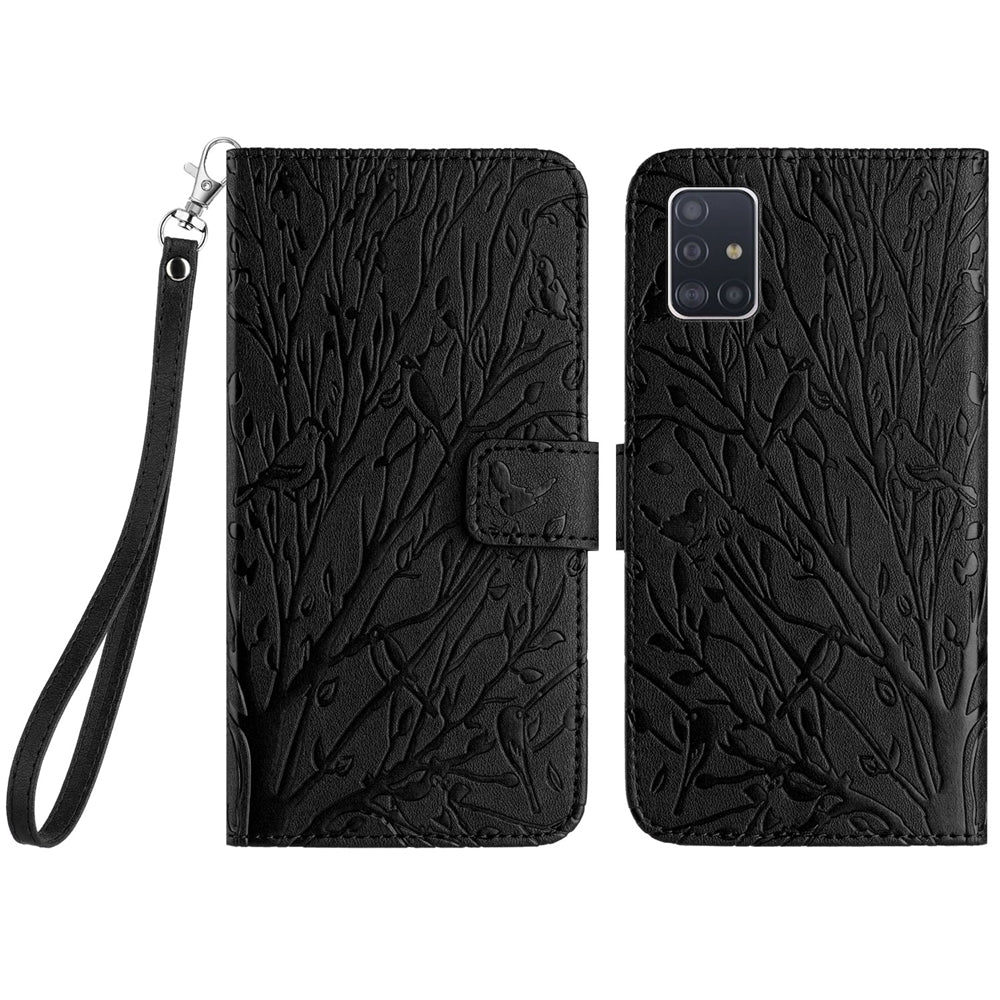 Samsung Galaxy A51 4G Embossed Leather Phone Case with Tree Birds Pattern, Hand Strap, Card Holder & Adjustable Stand - Shockproof Wallet Cover