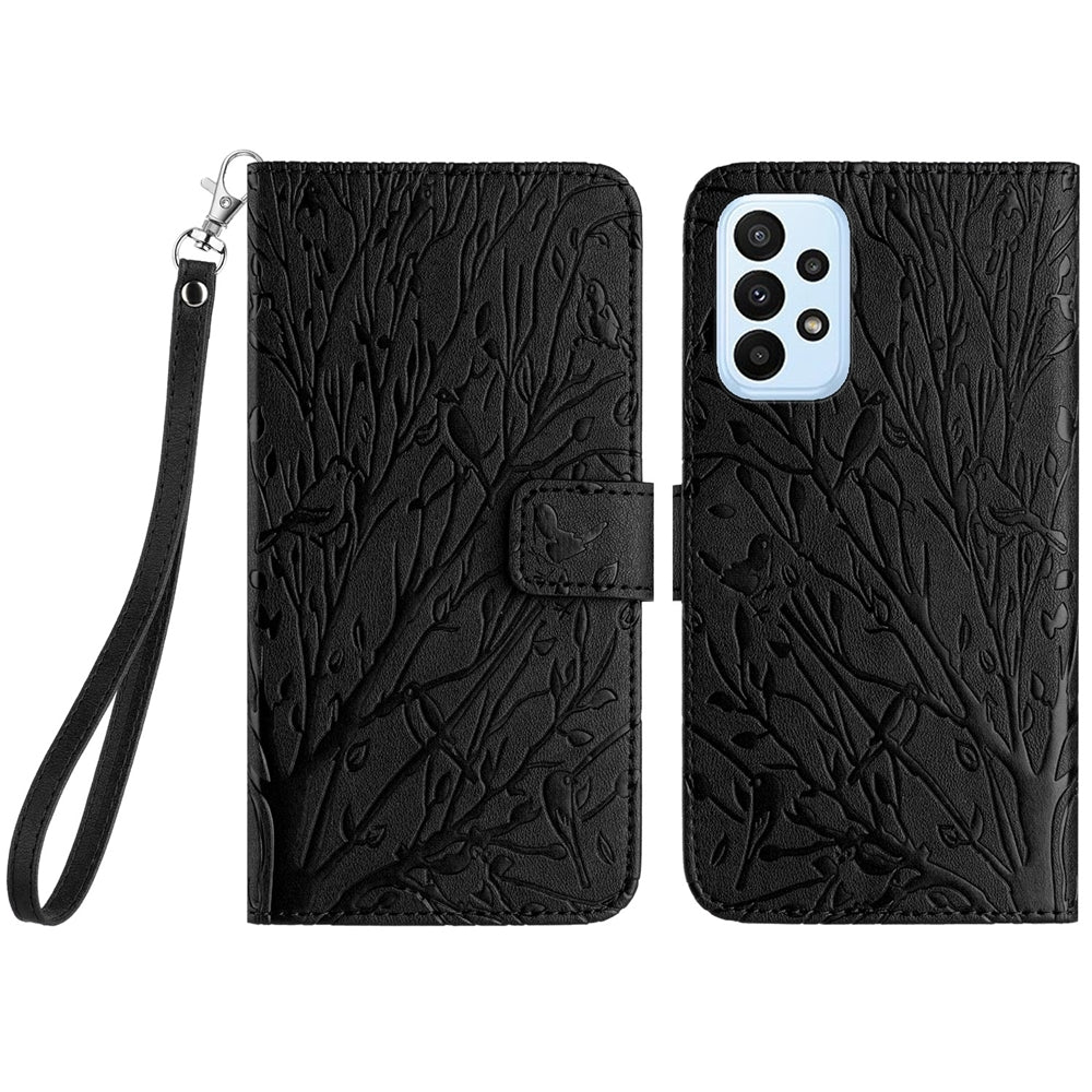 Samsung Galaxy A52 5G Embossed Leather Phone Case with Tree Birds Pattern, Hand Strap, Card Holder & Adjustable Stand - Shockproof Wallet Cover