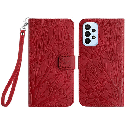 Samsung Galaxy A53 4G/5G Embossed Leather Phone Case with Tree Birds Pattern, Hand Strap, Card Holder & Adjustable Stand - Shockproof Wallet Cover