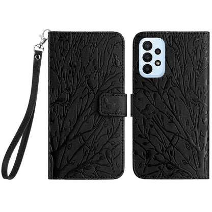 Samsung Galaxy A53 4G/5G Embossed Leather Phone Case with Tree Birds Pattern, Hand Strap, Card Holder & Adjustable Stand - Shockproof Wallet Cover