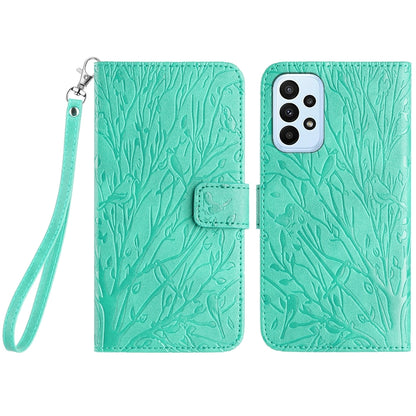 Samsung Galaxy A53 4G/5G Embossed Leather Phone Case with Tree Birds Pattern, Hand Strap, Card Holder & Adjustable Stand - Shockproof Wallet Cover