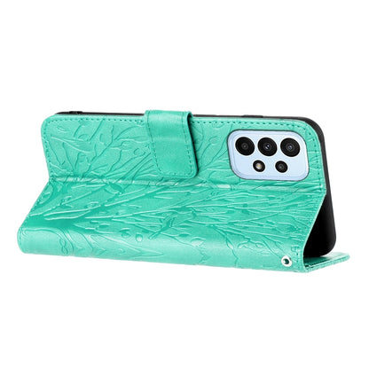 Samsung Galaxy A53 4G/5G Embossed Leather Phone Case with Tree Birds Pattern, Hand Strap, Card Holder & Adjustable Stand - Shockproof Wallet Cover