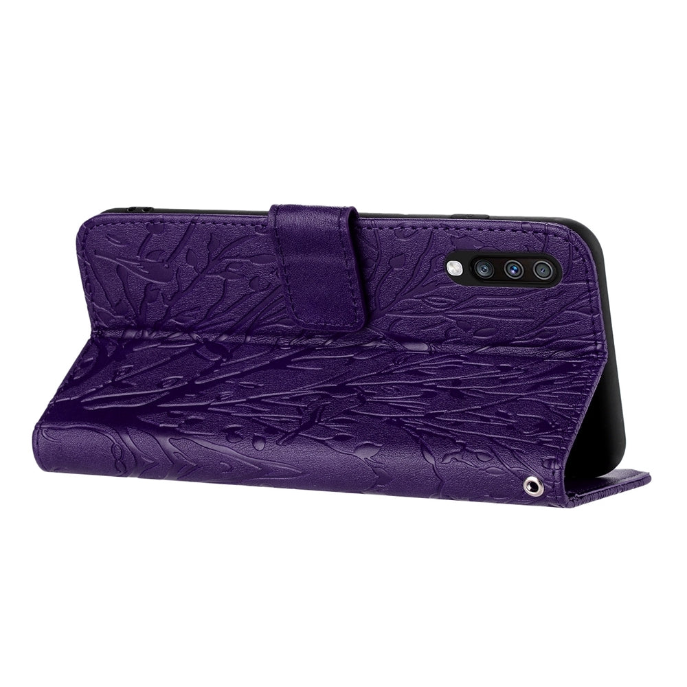 Samsung Galaxy A70 Embossed Leather Phone Case with Tree Birds Pattern, Hand Strap, Card Holder & Adjustable Stand - Shockproof Wallet Cover