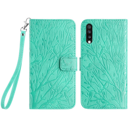 Samsung Galaxy A70 Embossed Leather Phone Case with Tree Birds Pattern, Hand Strap, Card Holder & Adjustable Stand - Shockproof Wallet Cover
