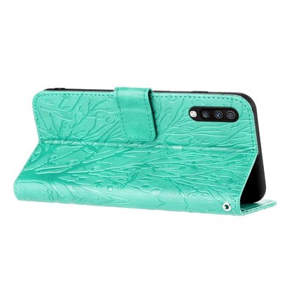 Samsung Galaxy A70 Embossed Leather Phone Case with Tree Birds Pattern, Hand Strap, Card Holder & Adjustable Stand - Shockproof Wallet Cover