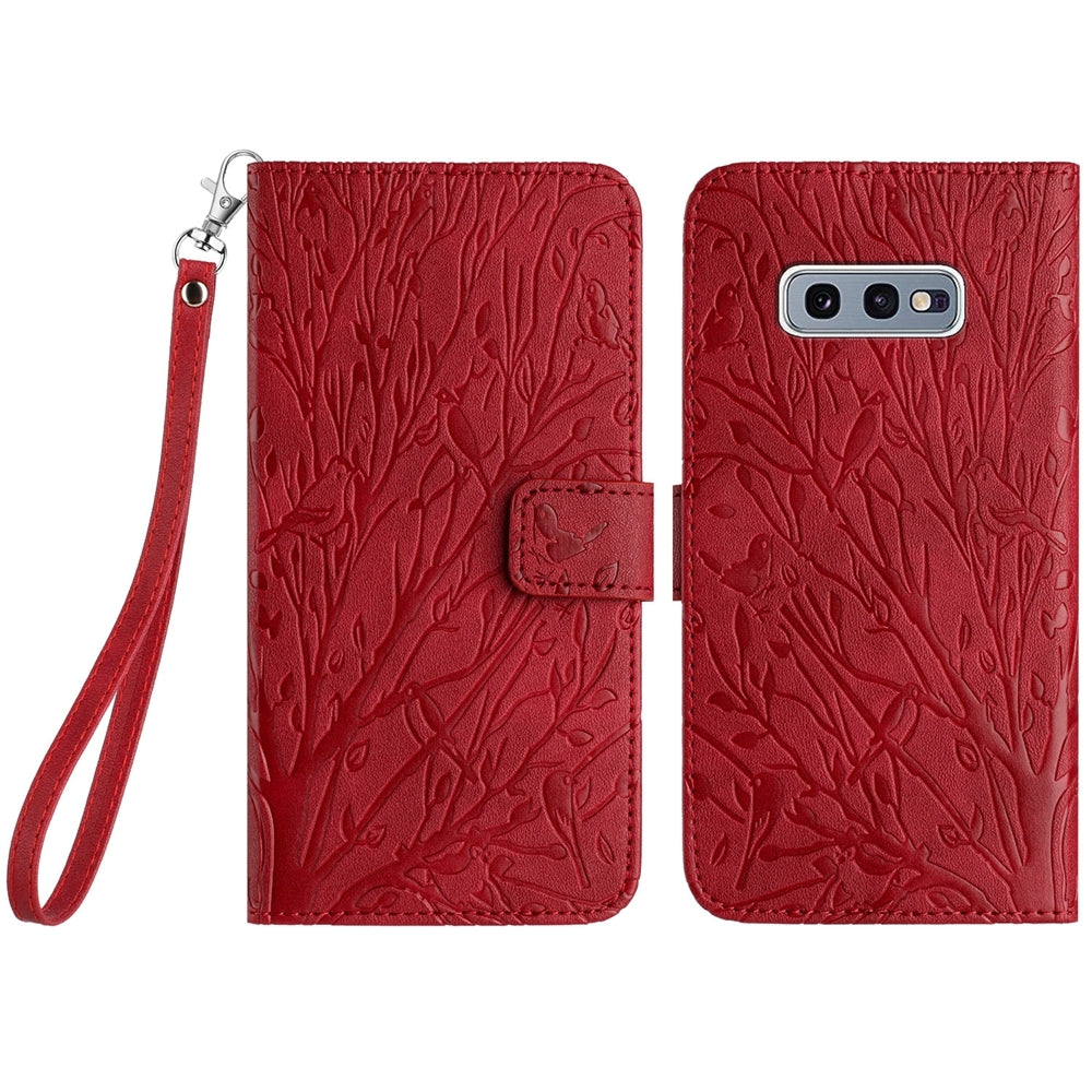 Samsung Galaxy S10e Embossed Leather Phone Case with Tree Birds Pattern, Hand Strap, Card Holder & Adjustable Stand - Shockproof Wallet Cover